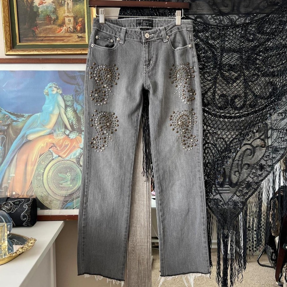 Platinum Plush Y2K Grunge Grey Studded Low Rise Jeans Size 5 Style 5821